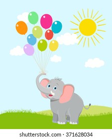 baby elephant with balloons, clouds and sun. vector cartoon. happy birthday illustration