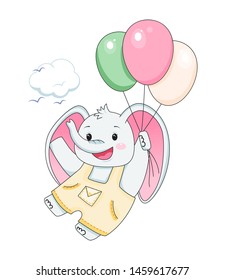 baby elephant with balloons. Design element for baby shower card, scrapbooking, invitation, nursery, poster. Isolated on white background. Vector illusrtation