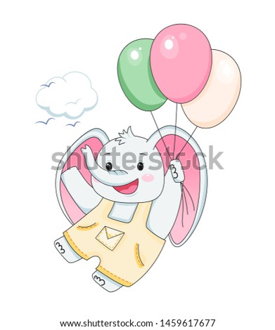 baby elephant with balloons. Design element for baby shower card, scrapbooking, invitation, nursery, poster. Isolated on white background. Vector illusrtation