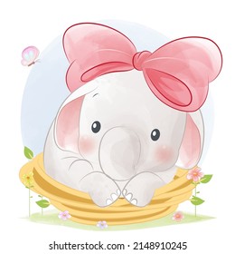 Baby elephant in the basket cartoon illustration