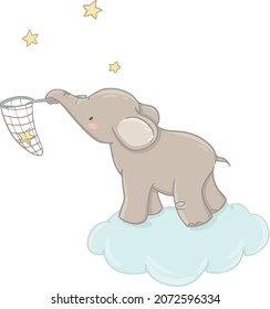 baby elephant blue cloud star illustration vector