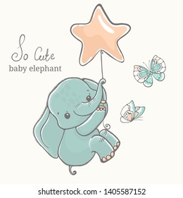 Baby Elephant With Butterfly Flying On Baloon, Illustration, Cute Animal Drawing, Perfect For Cards, Coloring Books, Posters, Scrapbooking And Party Design