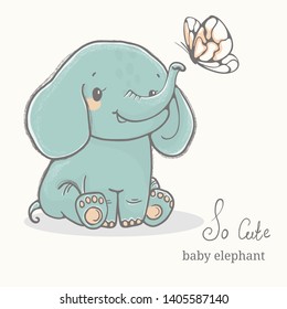 Baby elephant with butterfly illustration, cute animal drawings, perfect for cards, coloring books, posters, scrapbooking and party design