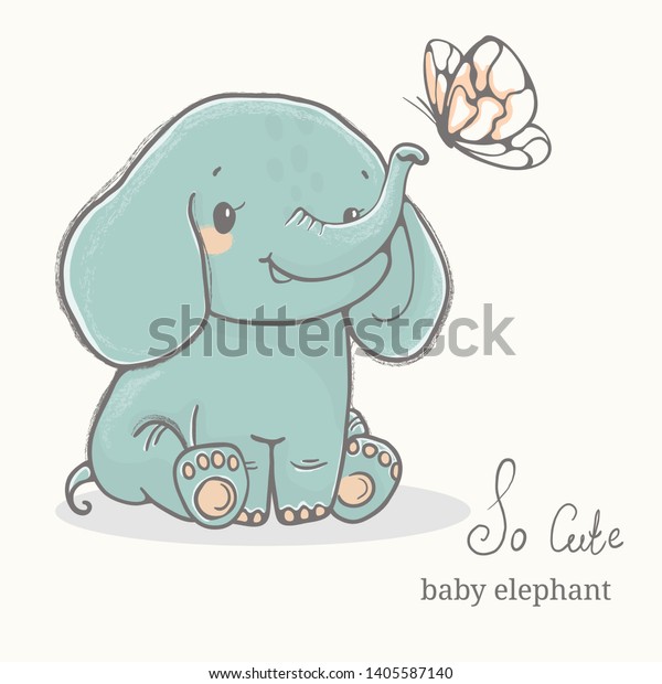 Baby Elephant Butterfly Illustration Cute Animal Stock Vector Royalty Free 1405587140