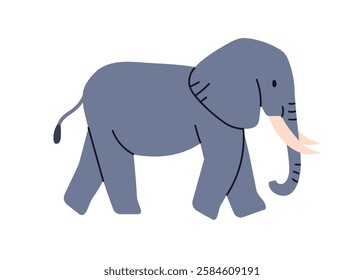 Baby elephant calf walking in profile. Cute adorable wild mammal, African jungle animal with trunk, large ears and tusks, going, side view. Kids flat vector illustration isolated on white background