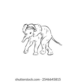 A baby elephant calf wearing a Christmas hat. Cute festive animal illustration in black and white sketch.