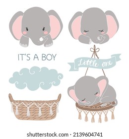 Baby elephant with cloud and basket on white background. Vector illustration of cute sleeping little elephant. Baby shower, little one, it is a boy card.