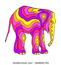 Baby elephant with colorful stripes isolated on white background.  Vector illustration. 