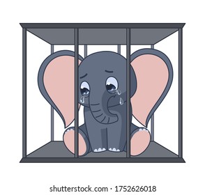 The baby elephant is crying in the cage. Concept illustration about animal cruelty at zoos and circuses. International Day of Action for Elephants in Zoos. Isolated on white background