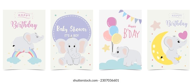 Elefantendesign mit Wolke, Regenbogen, Mond zum Geburtstag, Postkarte