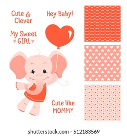 Baby elephant design set with seamless patterns
