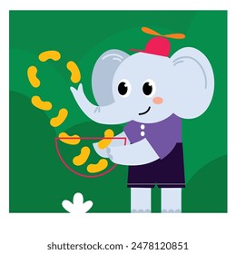 Baby elephant eats peanuts. Vector illustration.