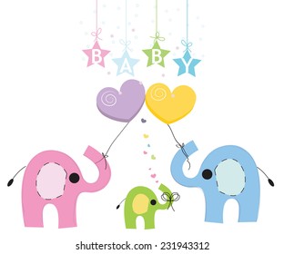 Baby elephant family greeting card vector background 