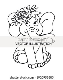 Baby Elephant with flower svg. Elephant with rose. Elephant with flower on Head. Linear vector illustration with elephant. svg