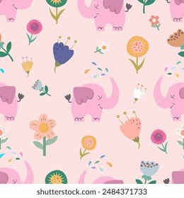 Baby elephant, flowers, baby illustration, seamless pattern