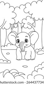Baby Elephant in Forest Coloring Sheet – Cute Jungle Animal Line Drawing