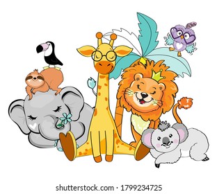 Baby elephant, giraffe, lion, sloth, toucan and koala on a white background. African animals card for kids