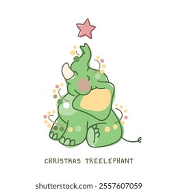 Baby elephant as a green tree with a garland and a star. Vector postcard with a New Year. Lettering on a poster "Christmas treelephant". Wordplay. Hand drawn illustration