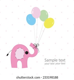Baby elephant greeting card with colorful balloons background 
