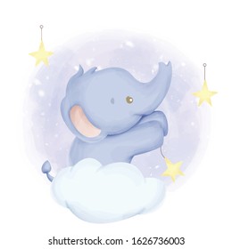 baby elephant hanging stars watercolor