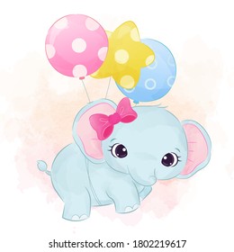 Baby elephant happily flying with balloons