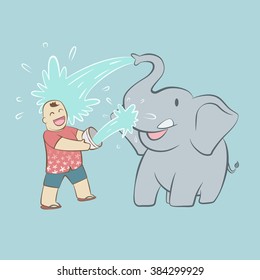 Baby elephant and happy tourist throwing water to each other in Thailand songkran water festival on blue background 