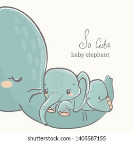 Baby Elephant With His Mother Drawing, Cute Family Illustration, Perfect For Cards, Coloring Books, Posters And Scrapbooking