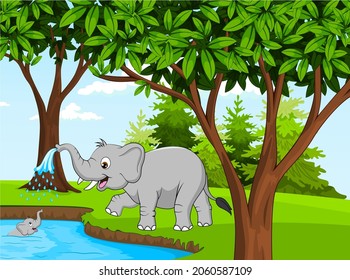 baby elephant and his mother on the lake in the forest
