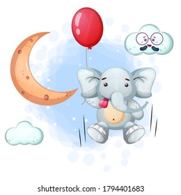 Baby Elephant holding balloon with moon, clouds. Premium Vector