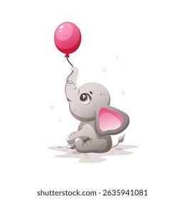 baby elephant holding balloon with trunk vector illustration