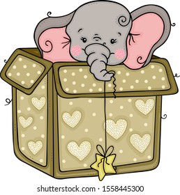 Baby elephant holding a star peeking out of the open gift box