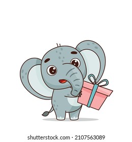 Baby elephant holds a present. Postcard in children's cartoon style. Vector illustration for designs, prints and patterns.