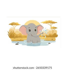 A baby elephant joyfully splashes around in the river, its small trunk spraying water into the air. With playful energy, it rolls in the shallow water, flapping its ears and letting out happy trumpets