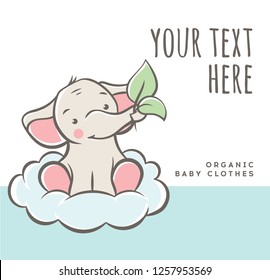 Baby elephant on a cloud with leafs postcard, banner, advertising