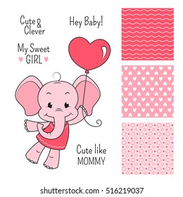 Baby elephant pink design set with seamless patterns