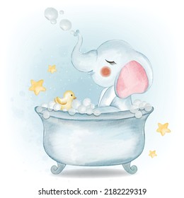 Baby Elephant Playing Bubble with Duck on the Bath Watercolor