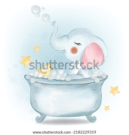 Baby Elephant Playing Bubble with Duck on the Bath Watercolor