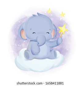 baby elephant playing with a star, watercolor 