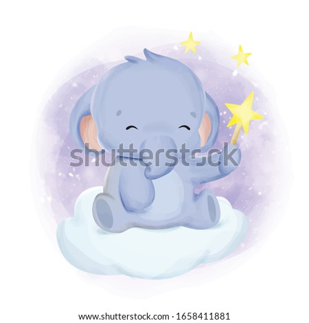 baby elephant playing with a star, watercolor 