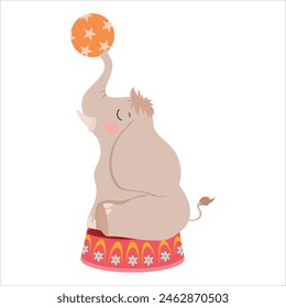 A baby elephant plays with a ball. Circus. Circus actor. Little animal Trick. Decoration for a holiday or fair. Vector illustration isolated on white background.