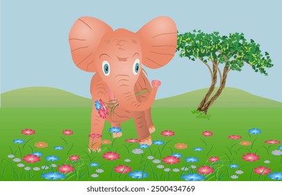 Baby elephant plucking a bouquet of wildflowers for his mother. Vector illustration.