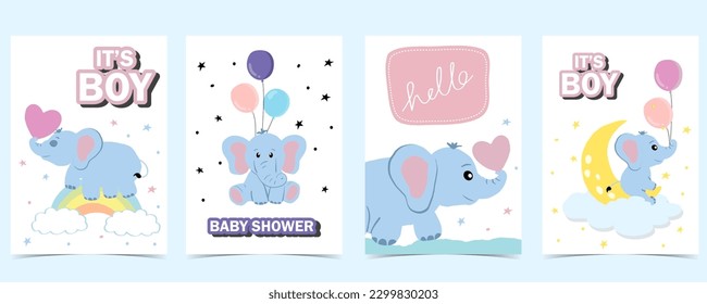 Baby elephant postcard with cloud, rainbow, moon for birthday postcard