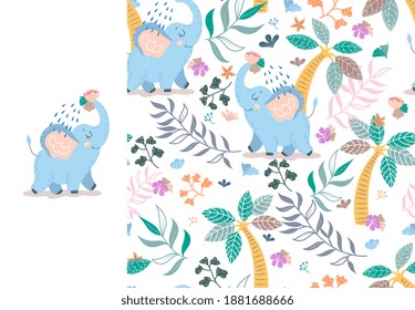 Baby elephant pouring itself water from trunk with floral backdrop. Alphabetical Kids card print template and seamless background pattern. Hand drawn fabric surface design. Two vector illustrations.