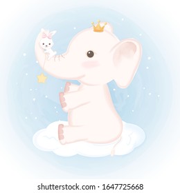 Baby elephant with rabbit holding star on cloud hand drawn cartoon animal illustration watercolor