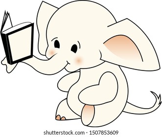 Baby Elephant Reading a Book Vector Illustration