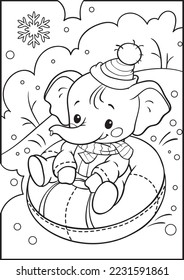 The baby elephant rides down the hill on a tubing. Christmas coloring for kids.