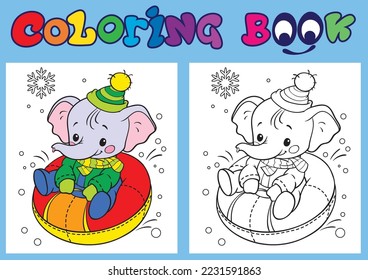 The baby elephant rides down the hill on a tubing. Christmas coloring for kids.