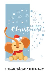 Baby elephant Santa. Vector cartoon character and wish a Merry Christmas. Design of a childrens card