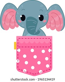 The baby elephant is sitting in clothes. A cute African animal is looking out of the bag. Cute pink polka dot pocket. Vector illustration flat cartoon style. Isolated clipart on white background fun