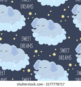 Baby elephant sleeping on a cloud. Children’s animals background. Vector seamless pattern.	